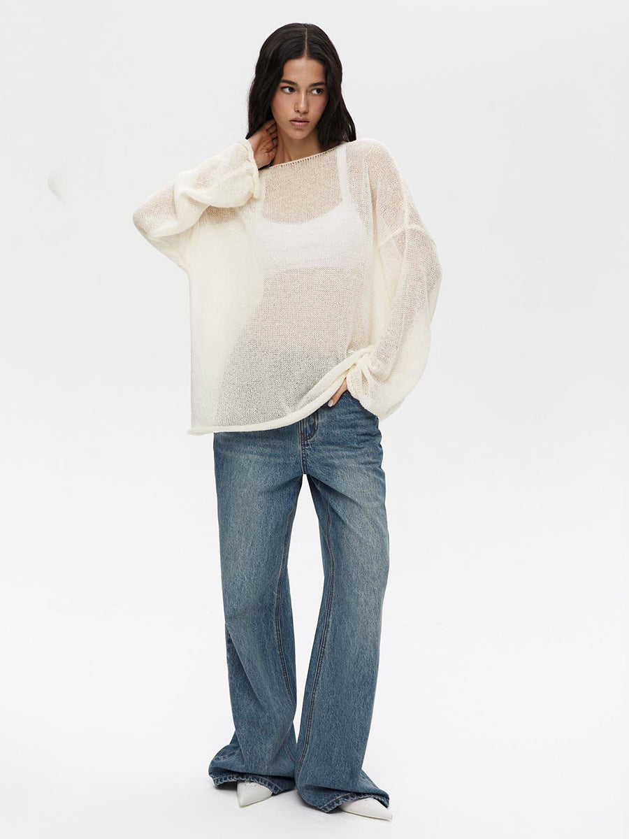 Hollow sweater spring and summer women's see-through thin scoop bell sleeve knitted T-shirt