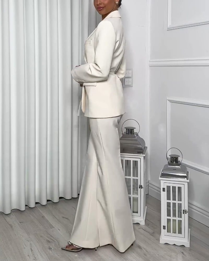 Fashionable Solid Color Laps Suit Jacket & Pants Two-piece Set