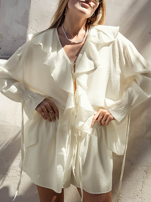 Long Sleeves Loose Ruffle Trim Solid Color Tied V-Neck Blouses&Shirts Tops + Elasticity Shorts Bottom Two Pieces Set