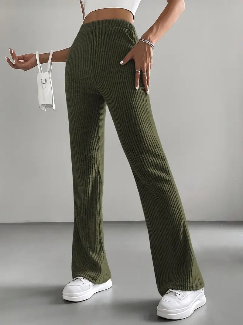 Solid Color Rib Knit Slim-Fit Trousers