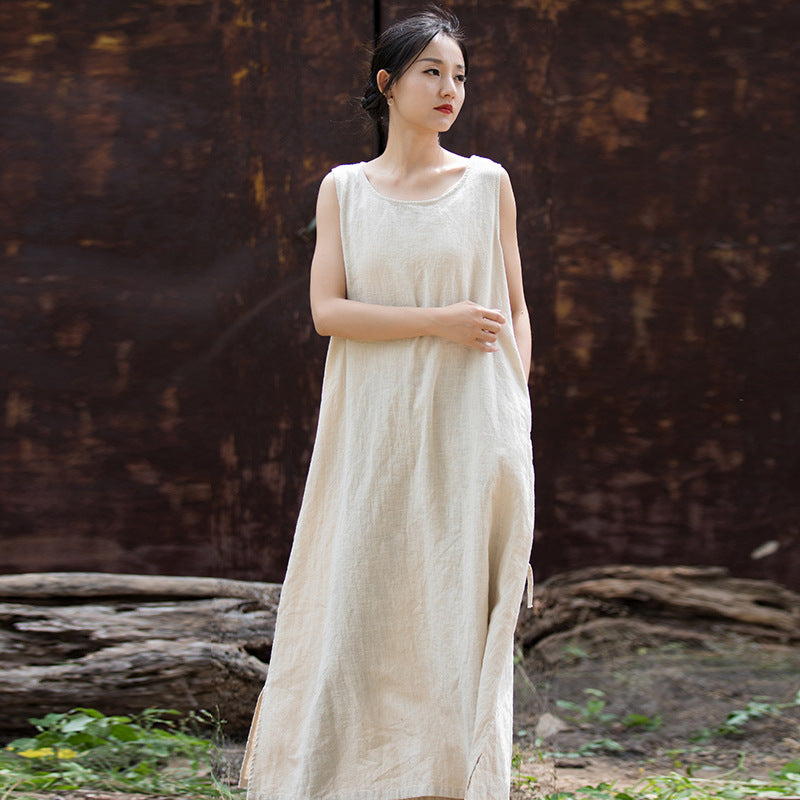 Simple Ramie Sleeveless Lace-up Midi Dress