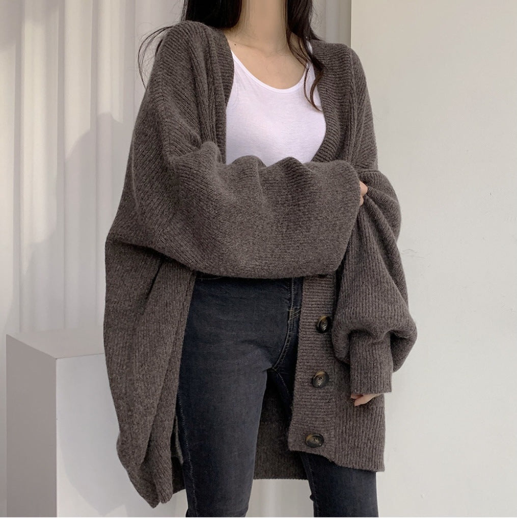 Casual Knit Button Lantern Sleeve Outerwear
