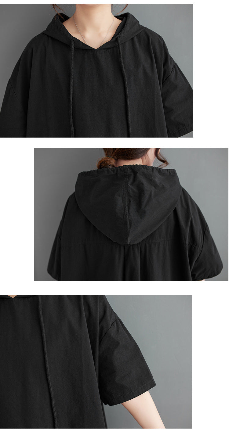 Loose Hooded Short Sleeve Midi Dress
