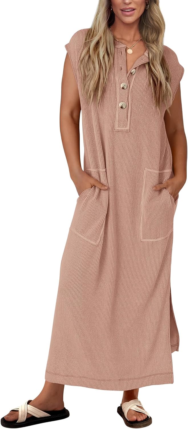 Women's  Ribbed Knit Henley Button Up Maxi Dress (Buy 2 Free Shipping)