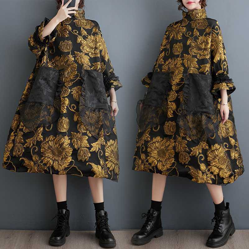Elegant Jacquard Long Sleeve Midi Dress