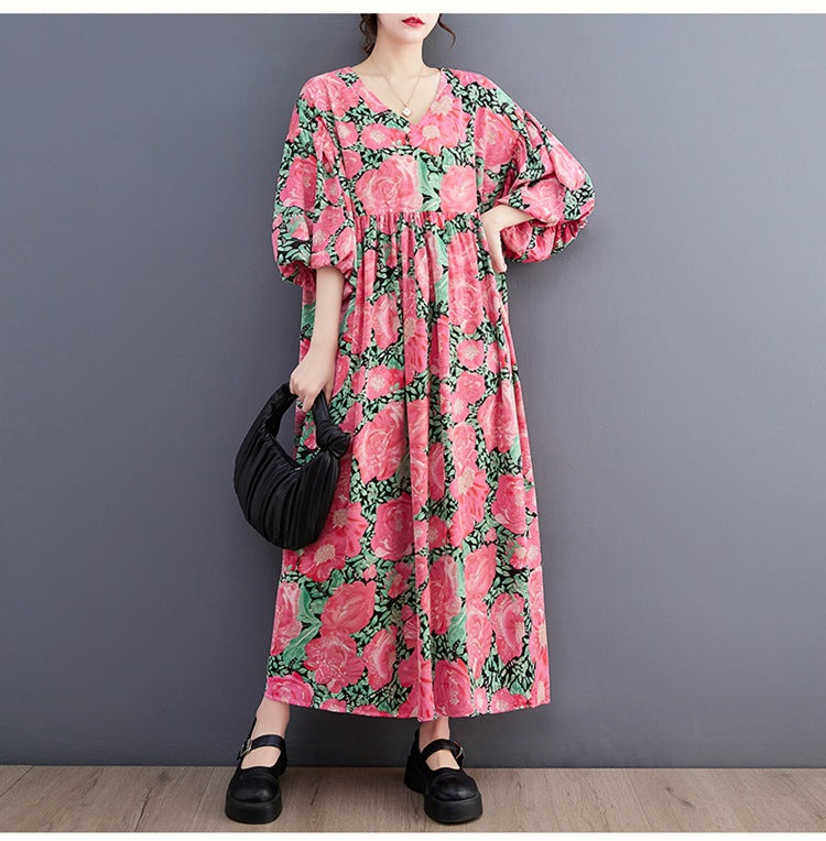 Literary Print Round Neck Short Sleeve Midi Dress