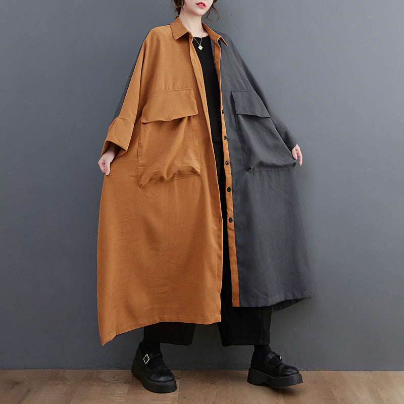 Literary Color Block Lapel Mid Dress