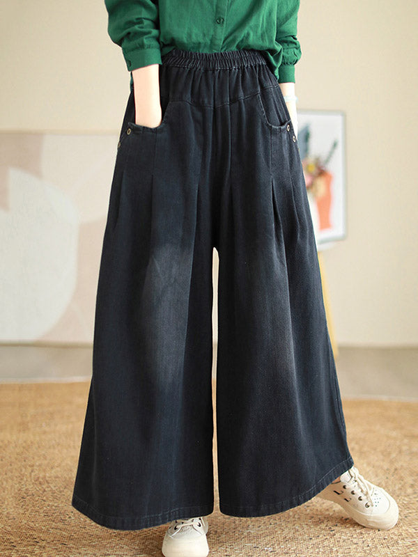 Loose Wide Pants Elasticity Pleated Flared Trousers Jean Pants Bottoms