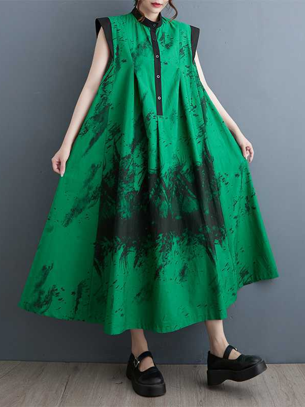 Colorblocked Ink Print Sleeveless A-Line Dress