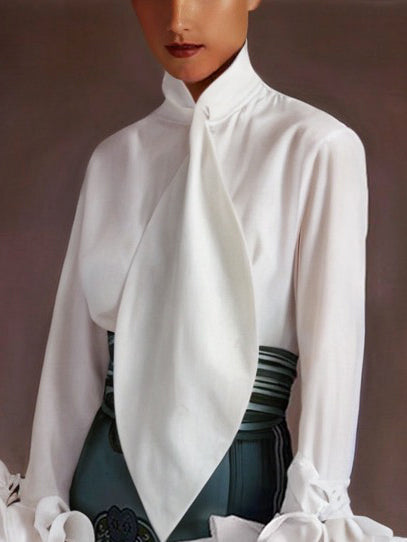 Flared Sleeves Long Sleeves Buttoned Falbala Solid Color Stand Collar Blouses&Shirts Tops