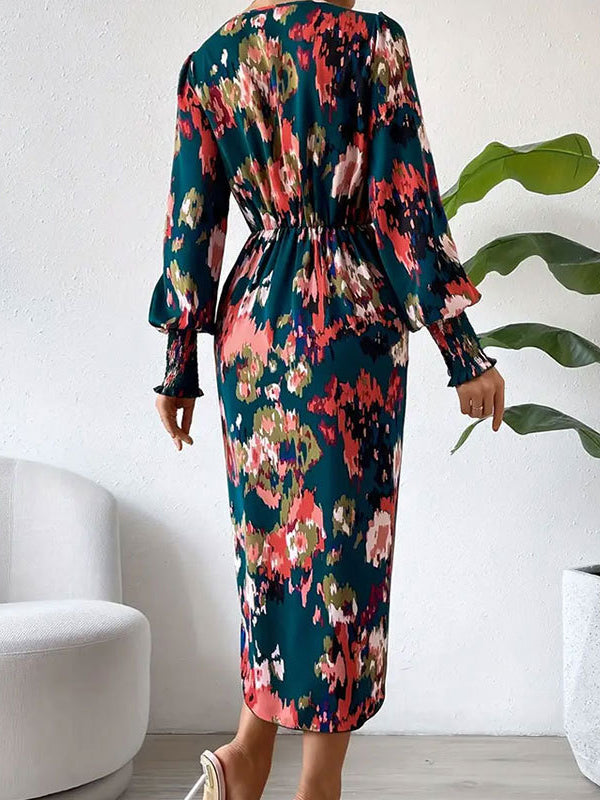 Long Sleeves Loose Elasticity Floral Printed V-Neck Midi Dresses Shirt Dress