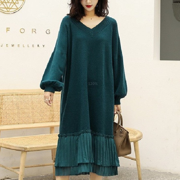 Loose Splicing V-Neck Long Sleeve Sweater Dress