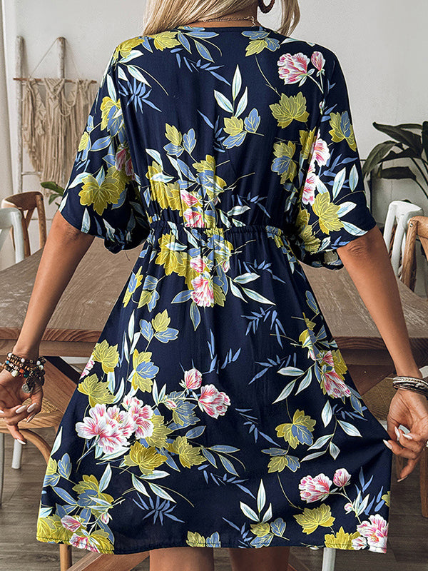 Loose Short Sleeves Flower Print Hollow V-Neck Cover-Up Mini Dresses