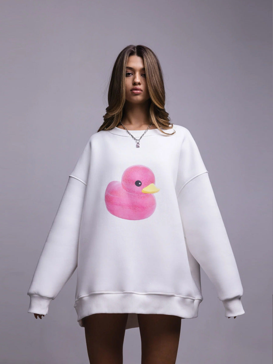 Duck pattern round neck sweater women's simple casual loose printed sweater
