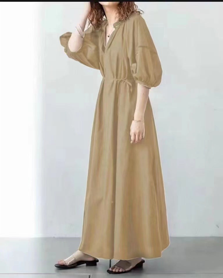 Loose Solid Color Lantern Sleeve Maxi Dress