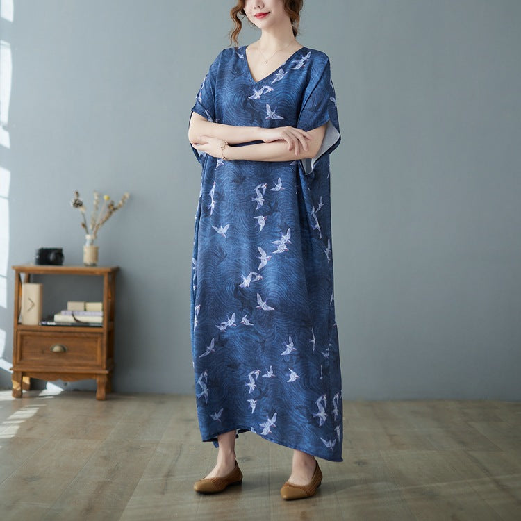 Vintage Print V-neck Short Sleeve Maxi Dress