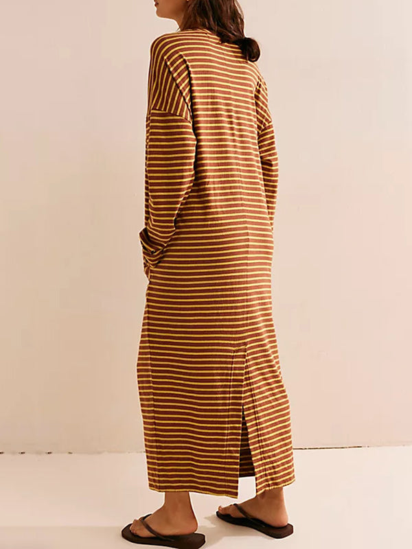 Long Sleeves Loose Contrast Color No Belt Split-Joint Striped Round-Neck Maxi Dresses