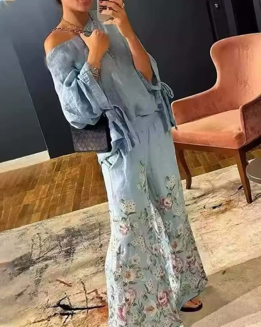 Casual  Nature Linen  Floral Printing  Two Pieces Set