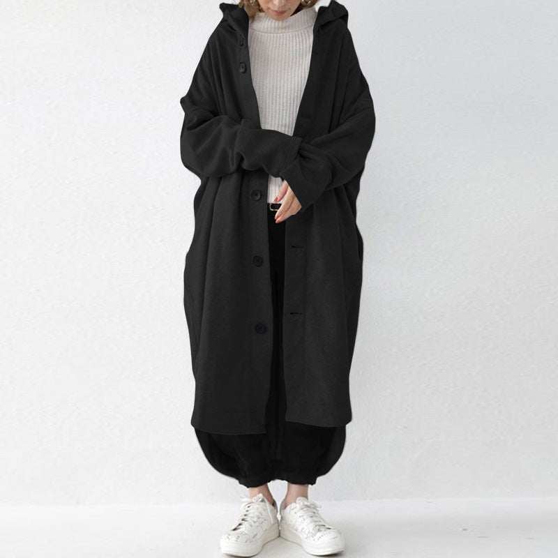 Loose Solid Color Buttoned Hooded Windbreaker Coat