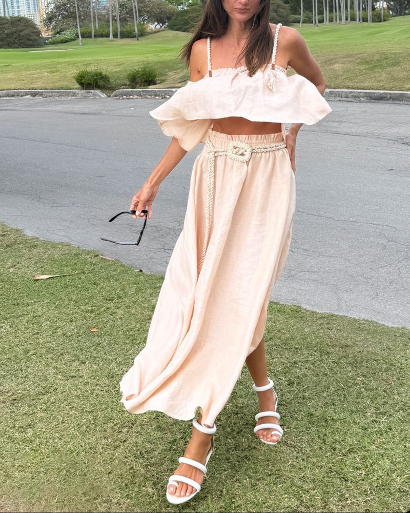 Casual Cotton Linen Woven Rope Top & Skirt Two-piece Set