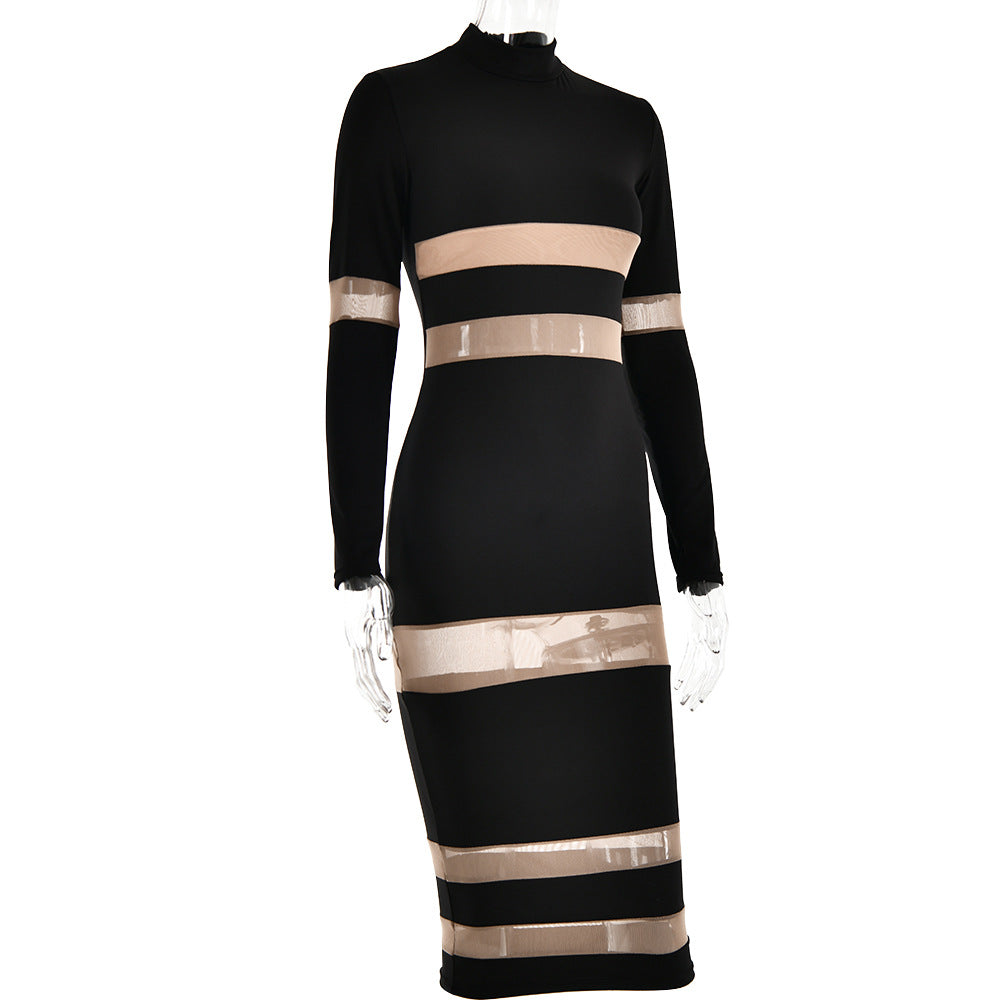 Round-neck long-sleeved dress women's stitching see-through sexy dresses autumn