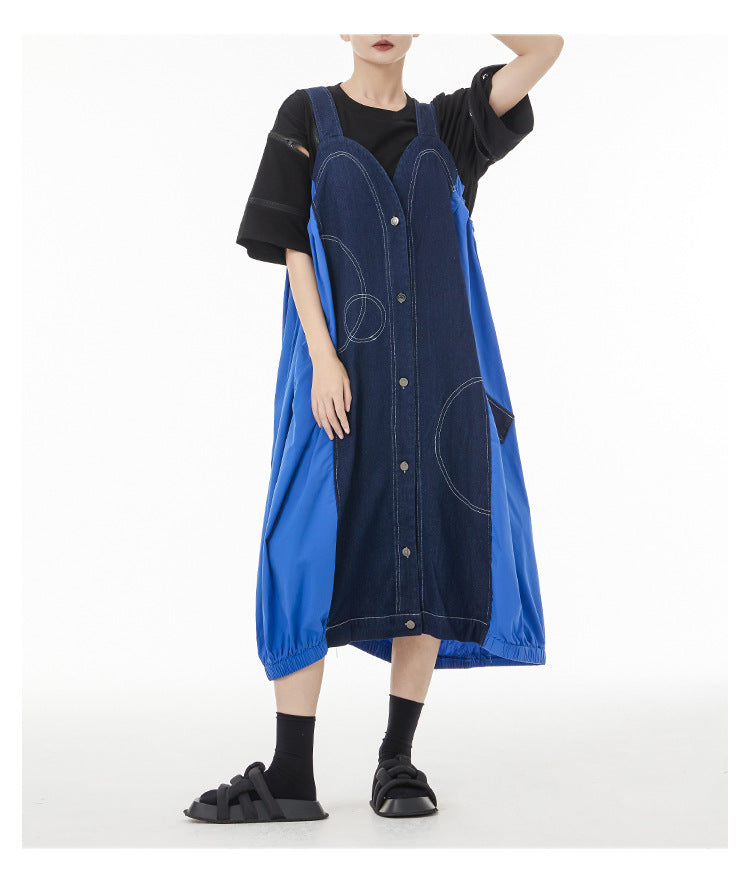 Vintage Splicing Denim Suspender Midi Dress