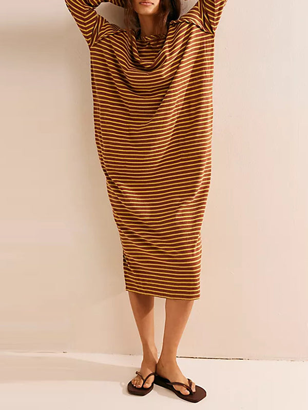 Long Sleeves Loose Contrast Color No Belt Split-Joint Striped Round-Neck Maxi Dresses