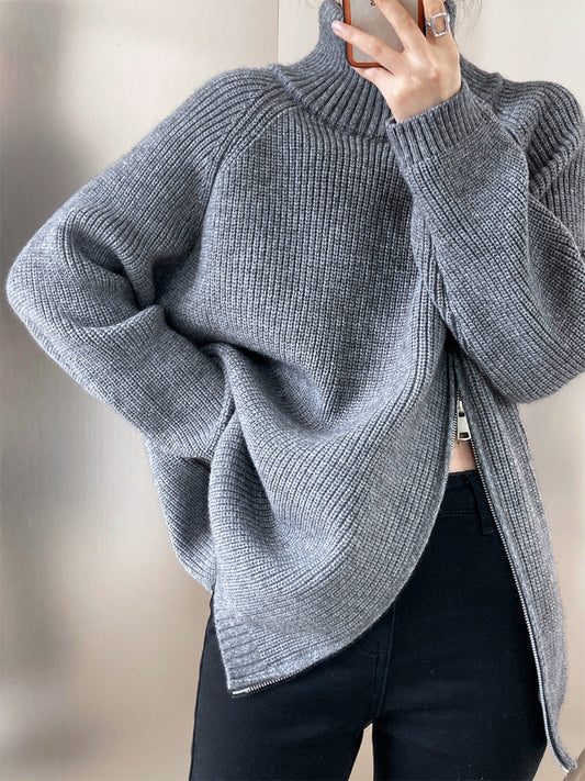 Casual Solid Color Zipper Turtleneck Knit Sweater