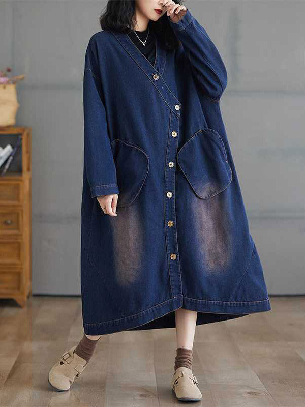 High-Low Long Sleeves Asymmetric Buttoned Pockets Split-Joint V-Neck Outerwear