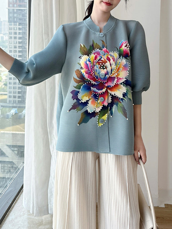 Loose Puff Sleeves Buttoned Flower Print Pleated Round-Neck T-Shirts Tops