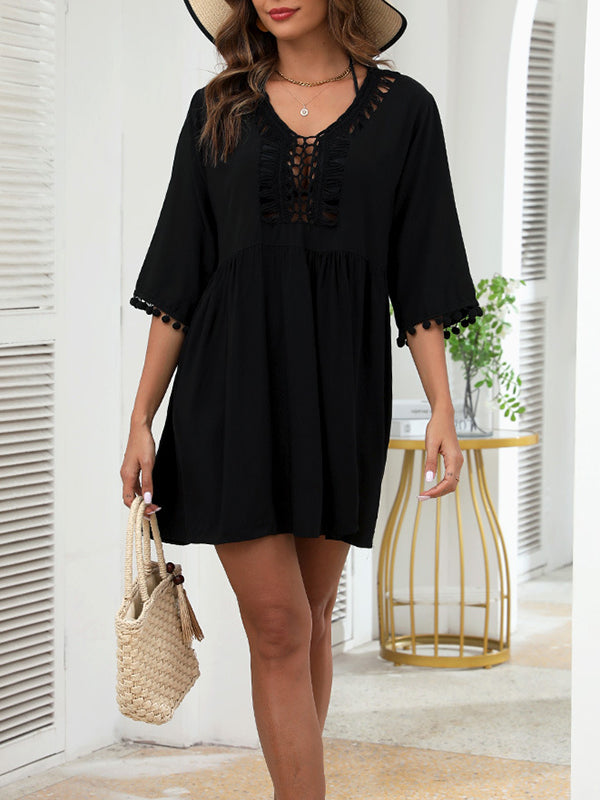Half Sleeves Loose Hollow Solid Color Tasseled V-Neck Cover-Up Mini Dresses