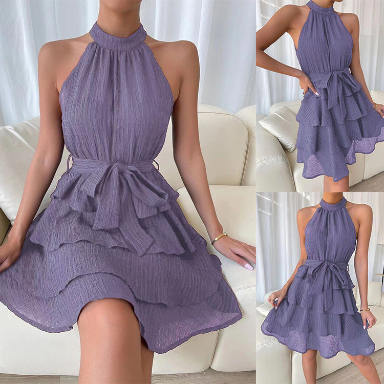 Elegant Hanging Neck Sleeveless Mini Dress
