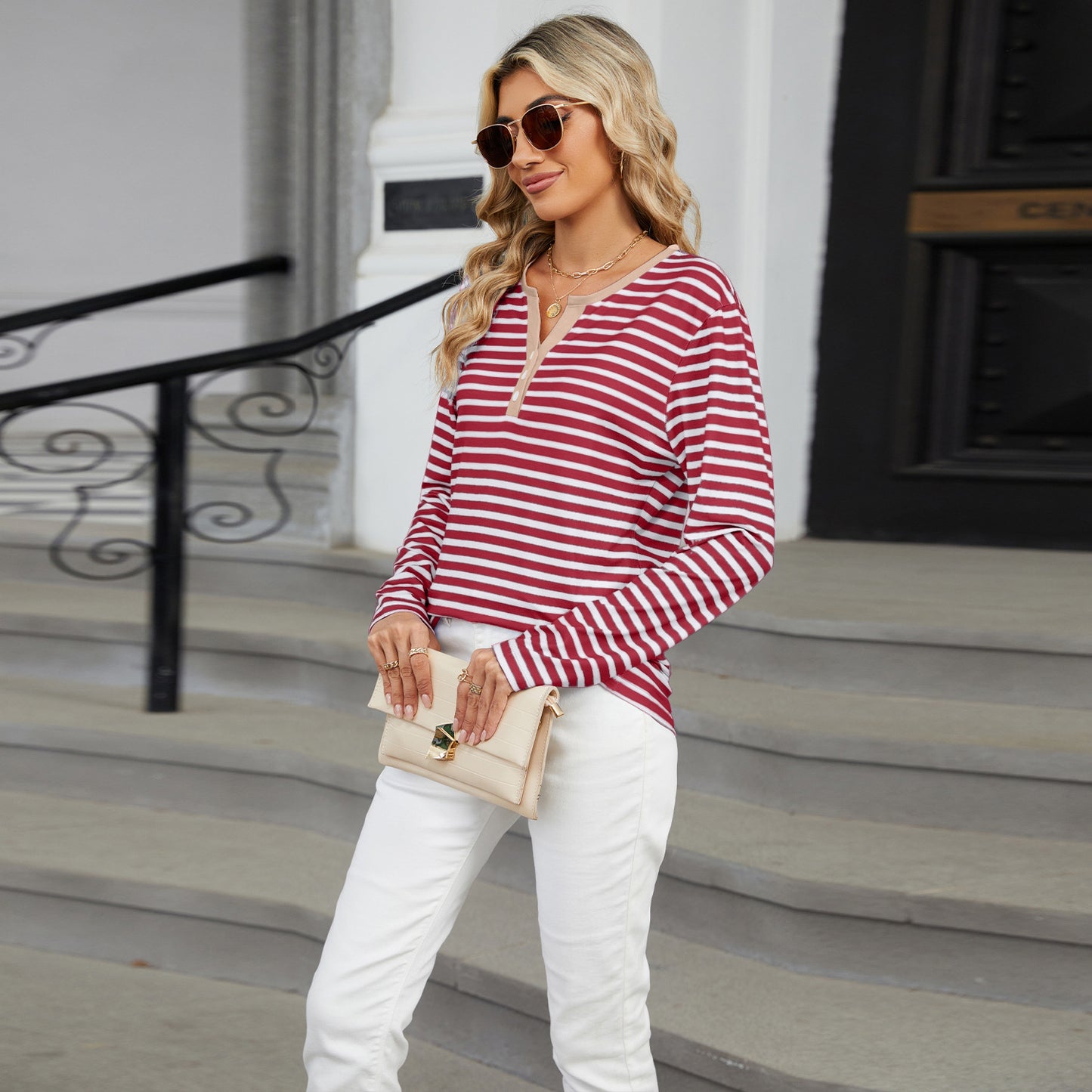 Autumn and winter New V-neck contrast color striped loose long sleeve women's T-shirt tops