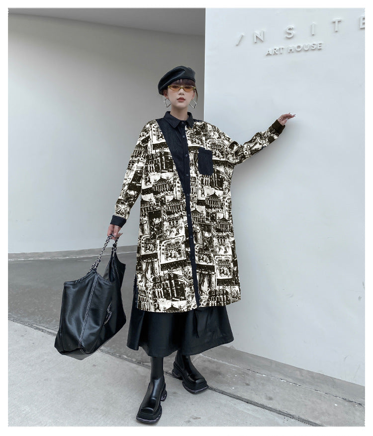 Vintage Print Lapel Windbreaker Coat