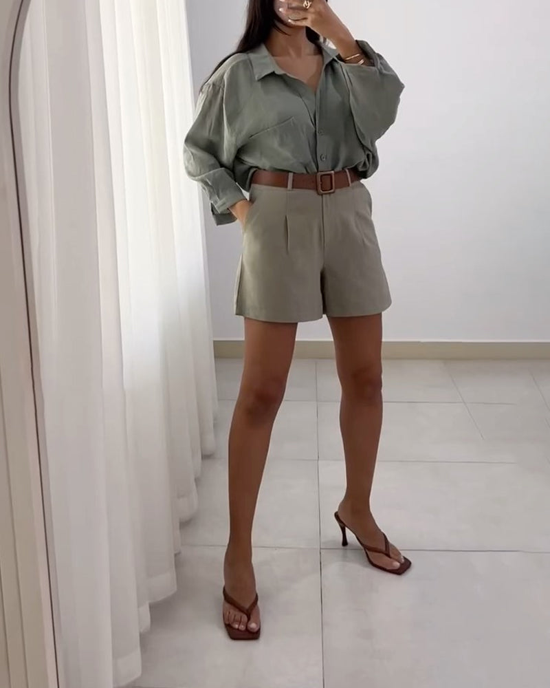 Casual Lapel Shirt & Shorts Two-piece Set (Without Belt)