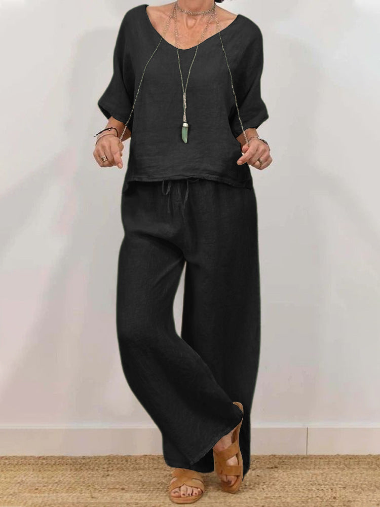 Solid Color Casual Half Sleeve Top&Pants Set