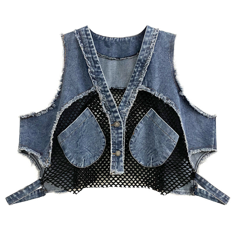 Vintage Mesh Splicing Denim Vest