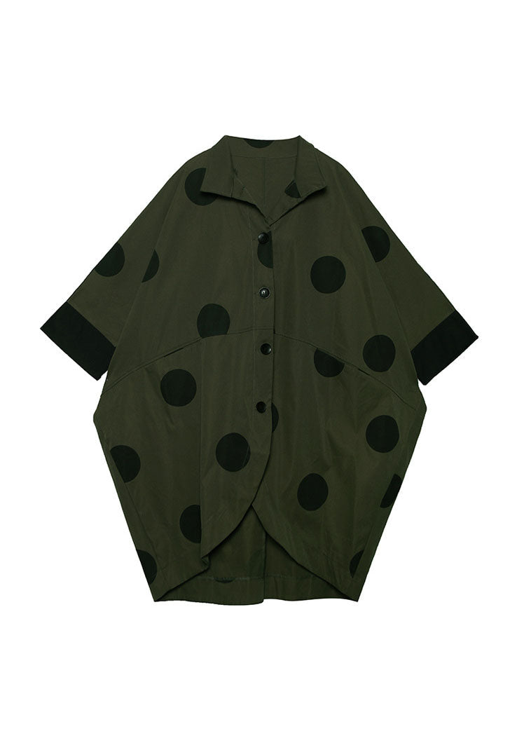 Loose Army Green asymmetrical design Peter Pan Collar dot print trench coats