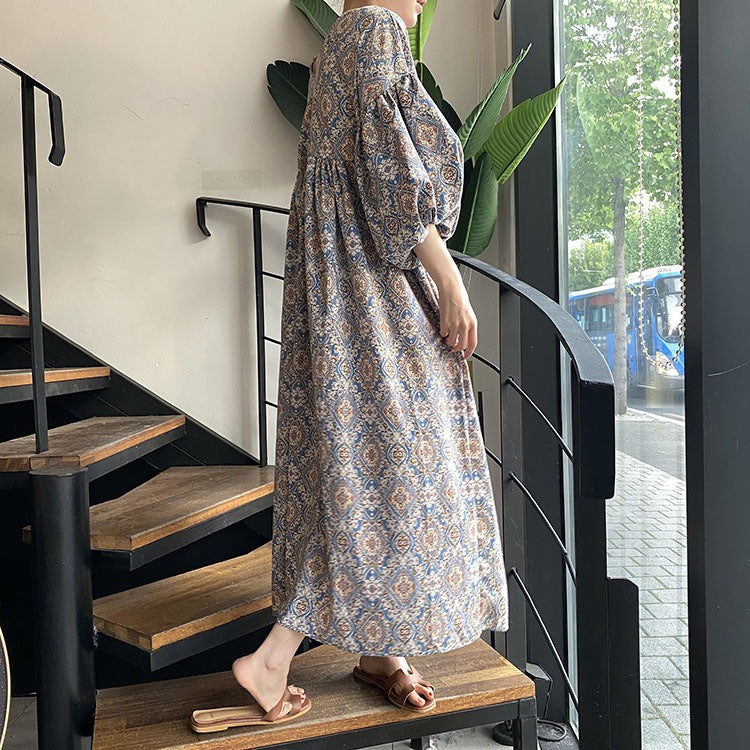 Ethnic Style Floral V-Neck Lantern Sleeve Midi Dress