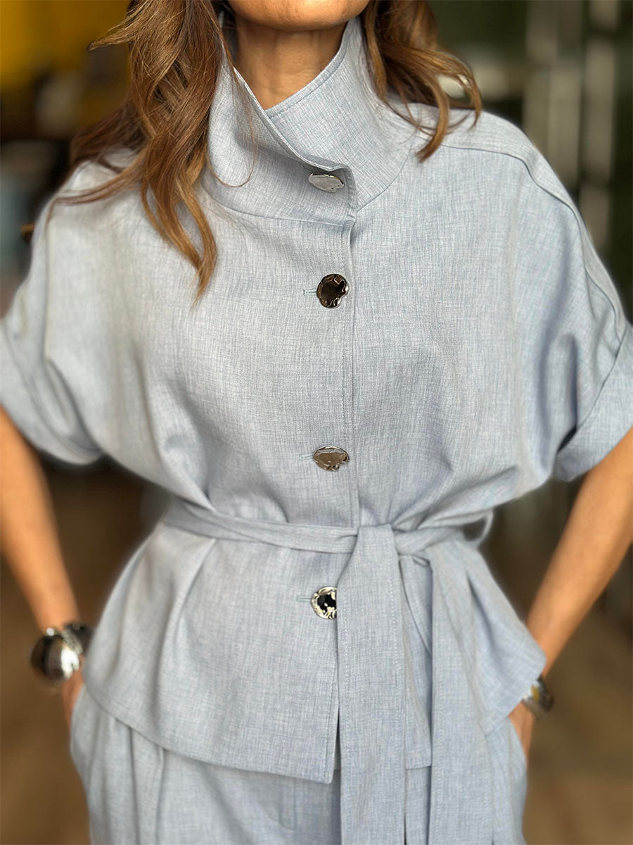 Stand collar lace up casual two piece set