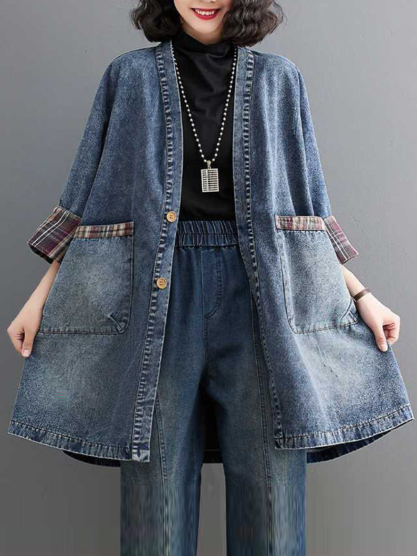 Long Sleeves Loose Buttoned Plaid Pockets Split-Joint V-Neck Denim Outerwear