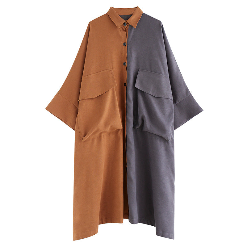 Loose Color Blocking Long Sleeve Midi Dress