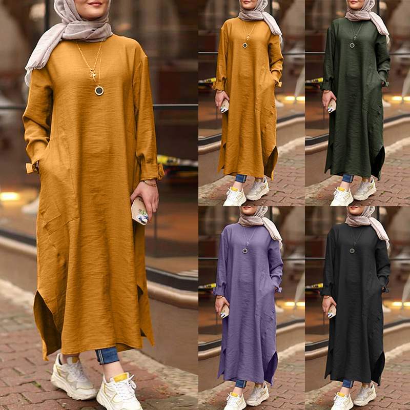 Simple Solid Color Long Sleeve Round Neck Midi Dress