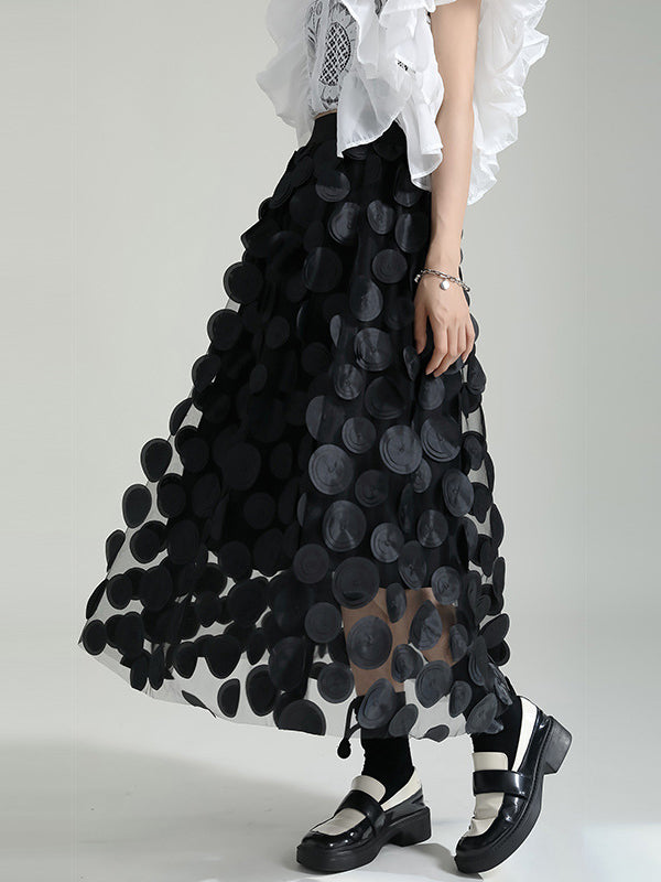 A-Line High Waisted Mesh Polka-Dot Solid Color Split-Joint Skirts Bottoms