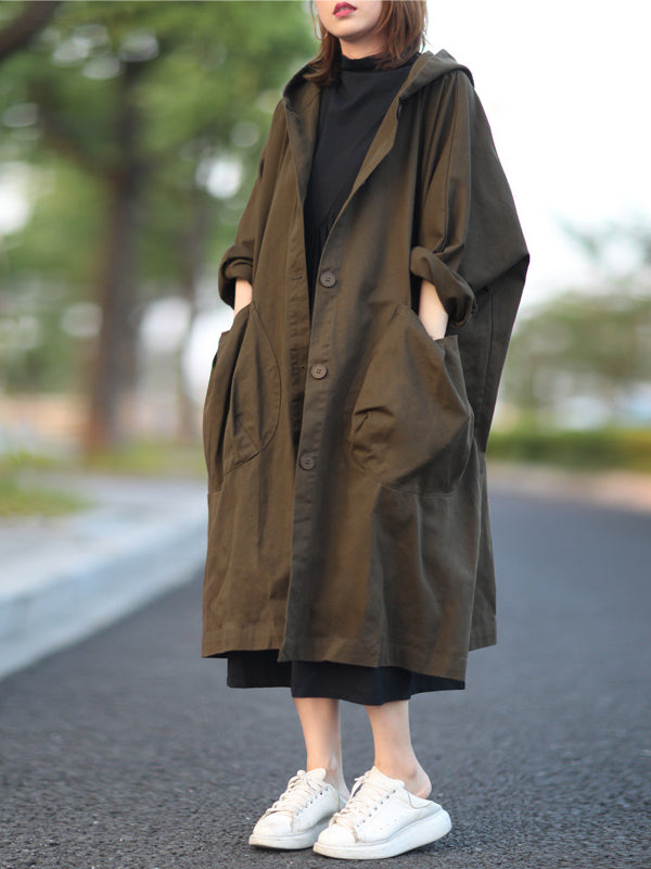 Cool Solid Color Hooded Long Windbreaker Coat