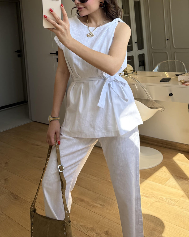 Solid Color Design One-Sleeve Top & Pants Two-Piece Set