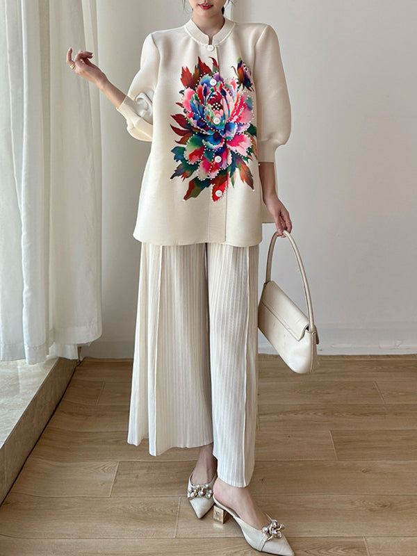 Loose Puff Sleeves Buttoned Flower Print Pleated Round-Neck T-Shirts Tops