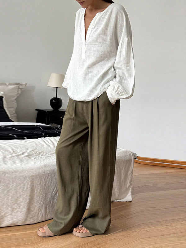 Loose Puff Sleeves Pleated Solid Color Split-Joint V-Neck Blouses&Shirts Tops