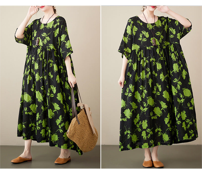 Bohemian Print Short Sleeve Round Neck Midi Dress