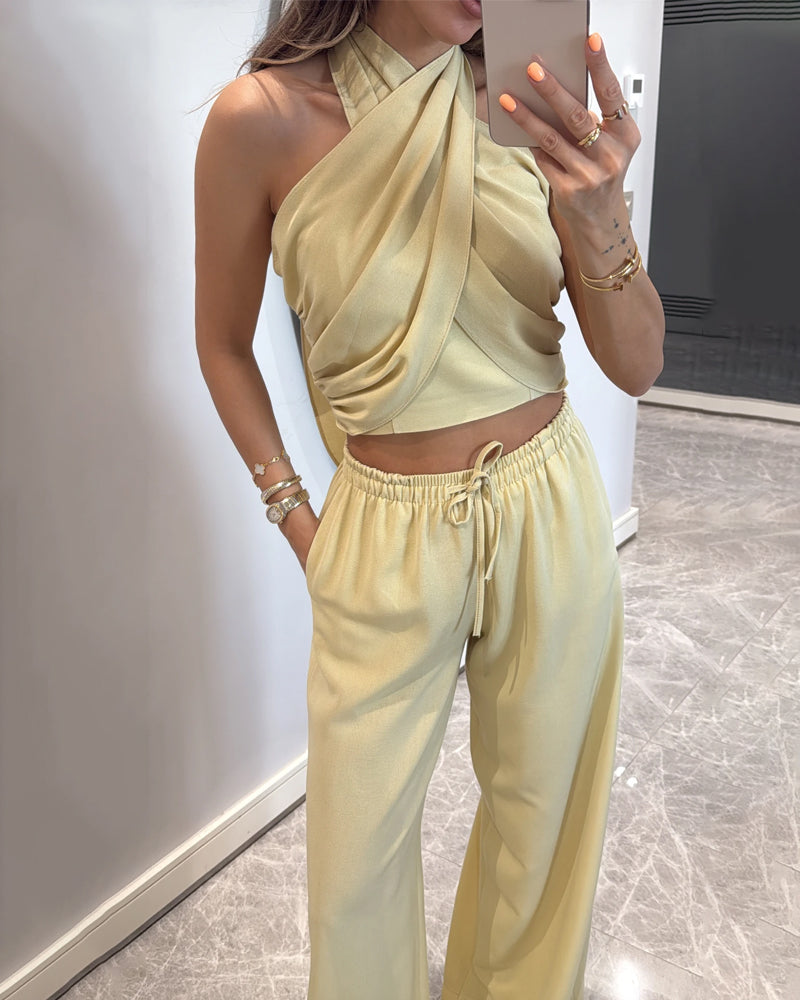 Casual Solid Color Lace-Up Top & Pants Two-Piece Set